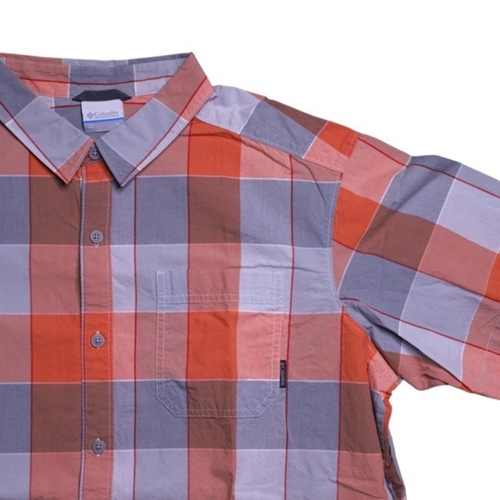 Columbia Plaid Cotton Shirt XL Orange Gray Short Sleeve‎ Button Front